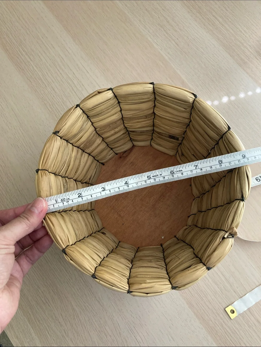 Handwoven Natural Straw Decorative Planter Bowl, Wooden Bottom, Neutral